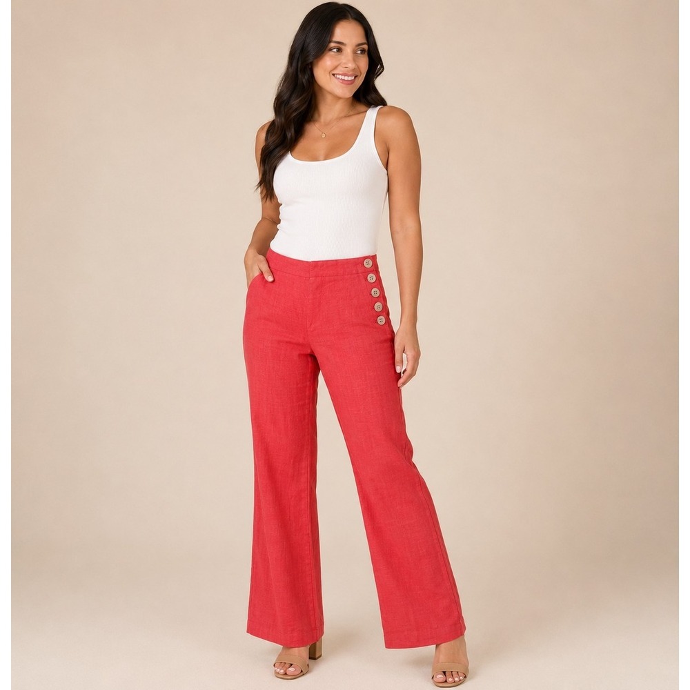 Elevenses Anthropologie Pants Size 4 Coral Red Linen Sailor Button Flare Trouser